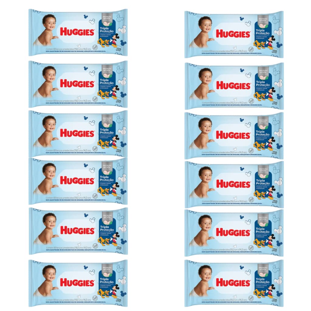 Kit com 12 pacotes de Lenço Toalhinhas Umedecidas Tripla Proteção Huggies 88 unidades cada