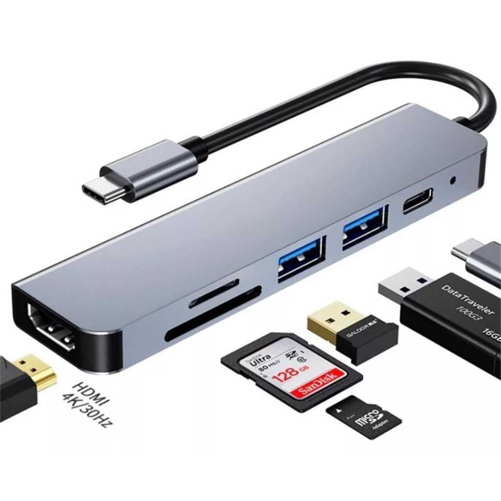 Adaptador 6in1 Tipo-C para HDTV 4K Apple MacBook Series ChromeBook 2USB SD TF Tipo-C HDTV