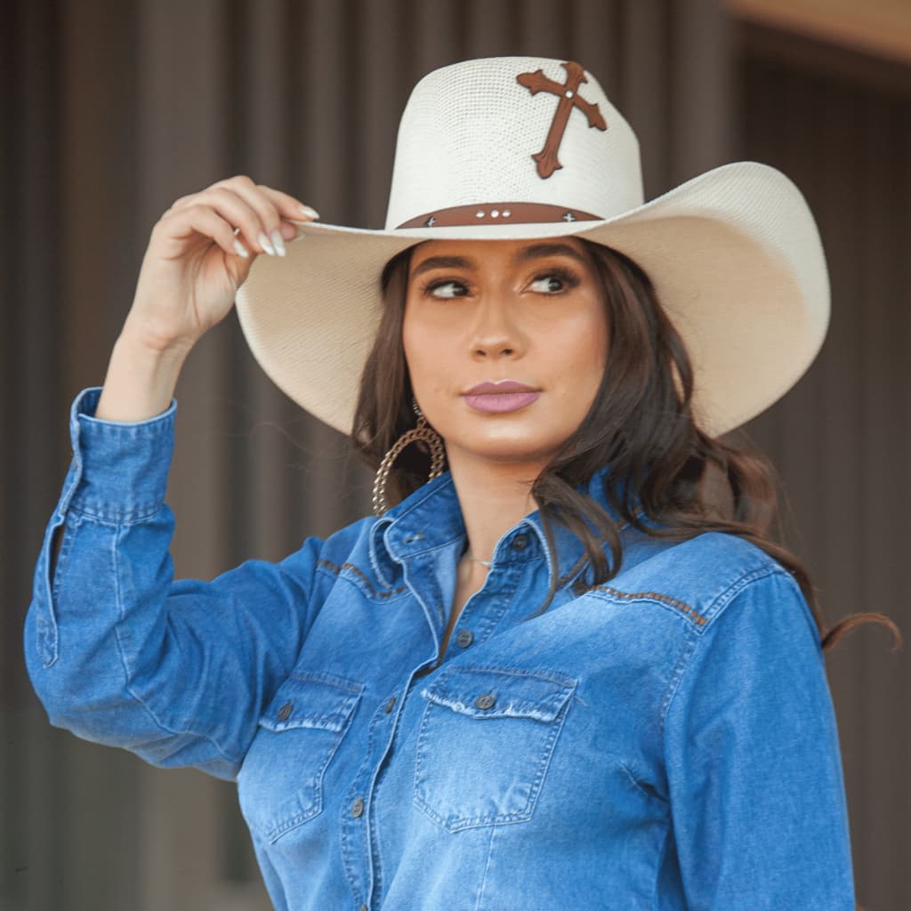 Chapéu Country Feminino e Masculino com cruz de couro e strass original Mundial