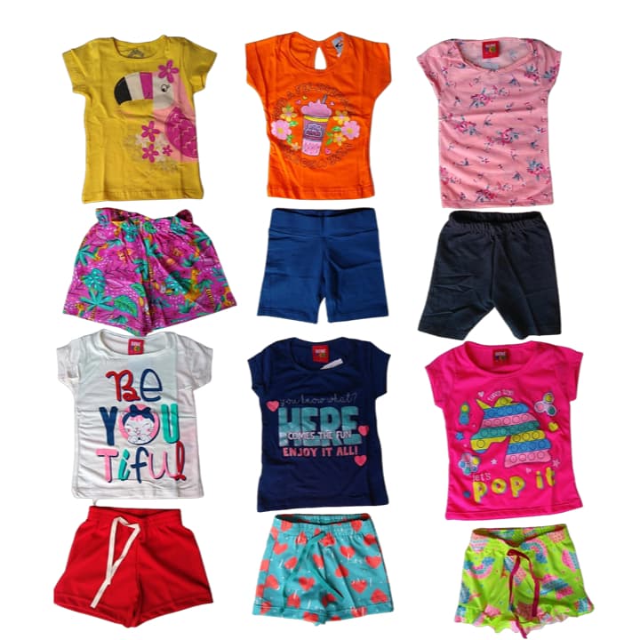 Kit Sortido  Com 2 Conjunto Infantil Menina - 2 Camisetas + 2 Bermudas - Promoção - Kit com 2 Conjuntos de Roupa Infantil Menina- Roupa Bebê