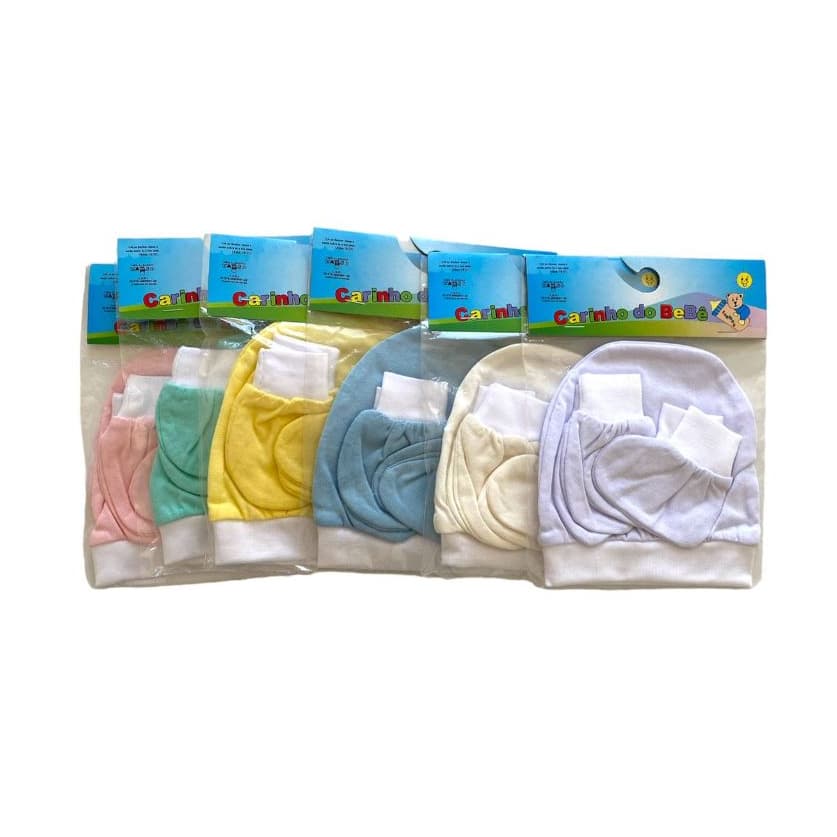 Touca de bebe, luva e sapatinho, kit com 9 pçs. 100% algodão