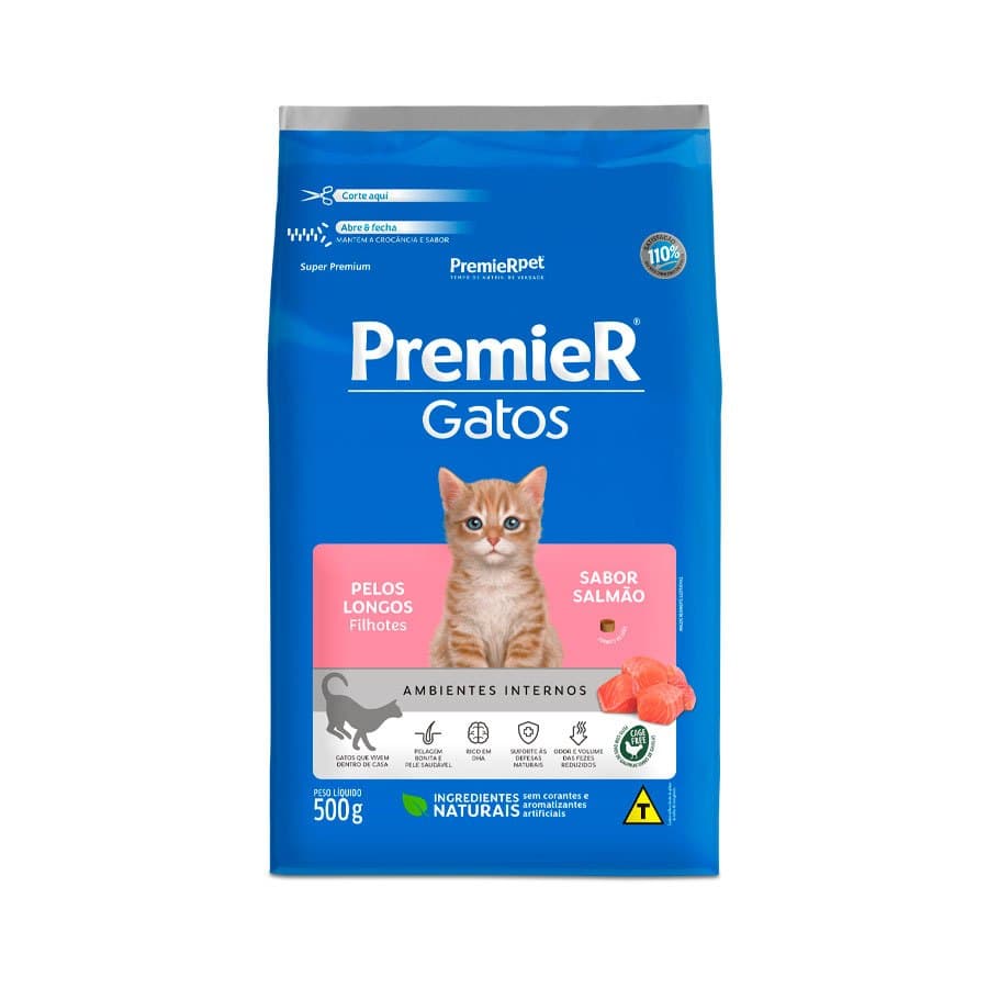 Ração Premier Ambientes Internos Pelos Longos para Gatos Sabor Salmão - 500g