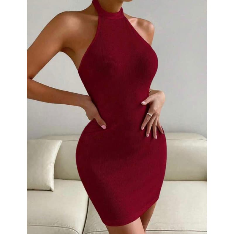 Vestido Feminino Gola Alta Cabresto Costas Nuas Slim Fit Tendência