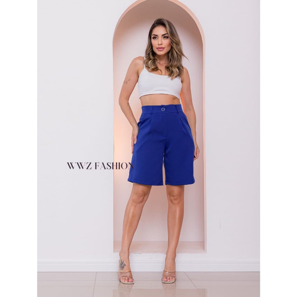 Casual Shorts Liso com Bolsos para Mulheres Sem Cinto 1350