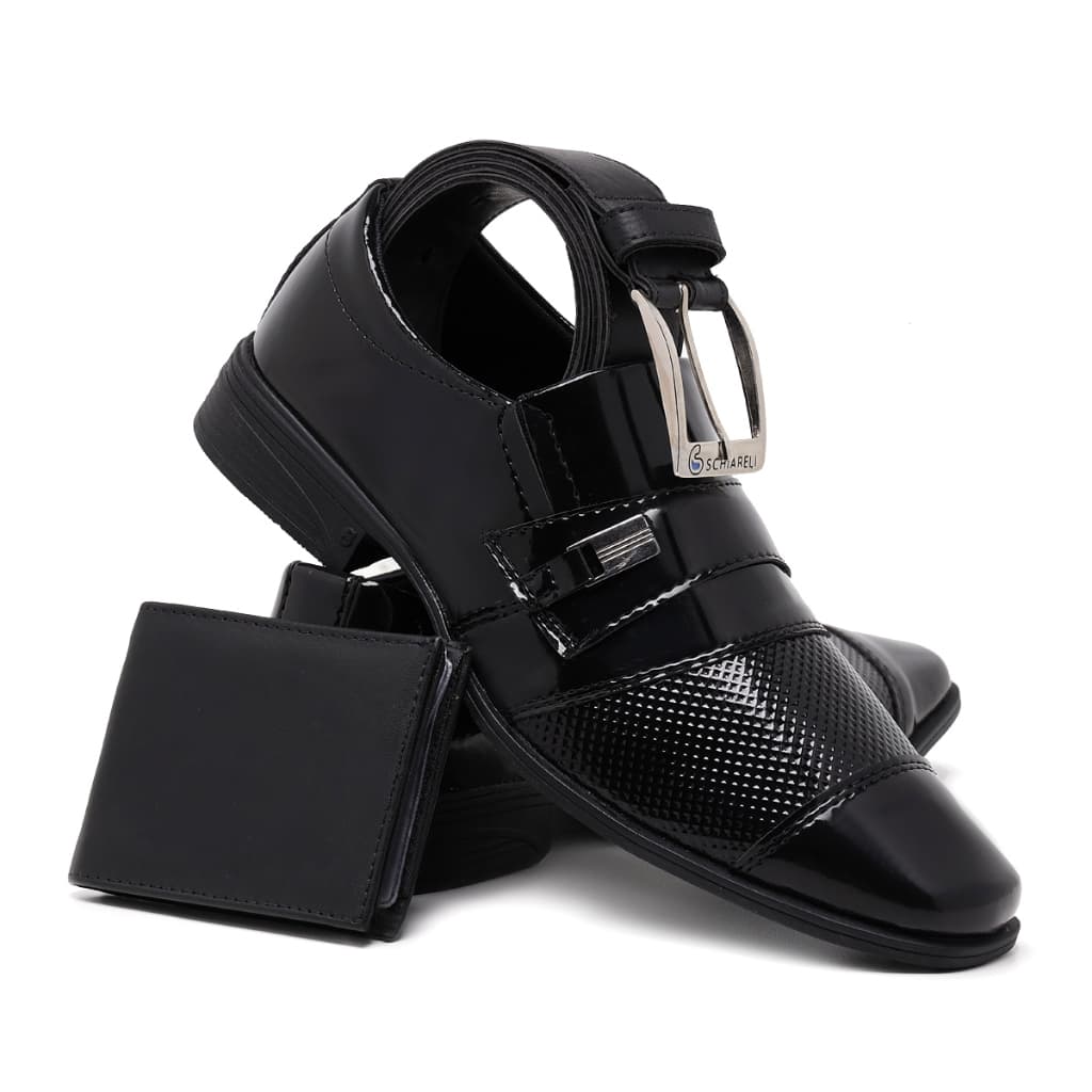 Kit Sapato Social Adulto Masculino Preto Verniz Cinto e Carteira Formatura Casamento Conforto 834