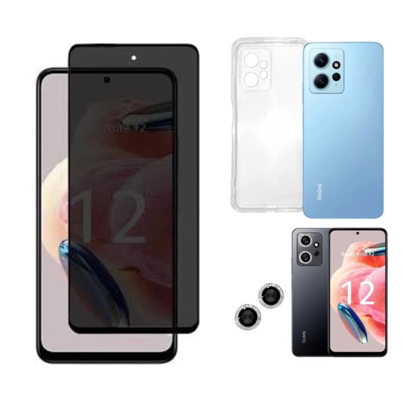 3X1 Xiaomi Redmi Note 12 4G - Película Cerâmica Privacidade 3D + Capa TPU + Película Câmera BRILHO*