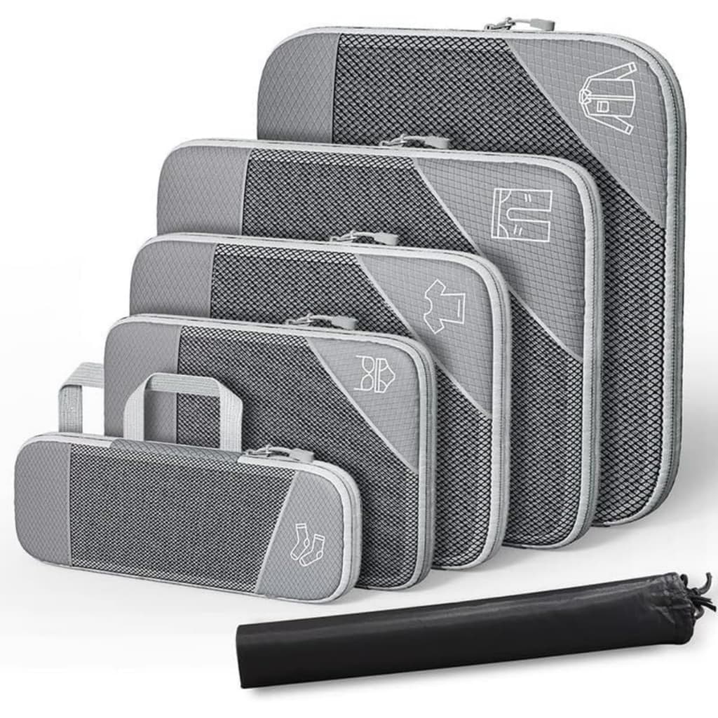 1 conjunto de cubos de embalagem de compressão para viagem expansível organizadores de embalagem,Organizador de Bagagem de Malha de mazenamento,6 peças (Cinza)
