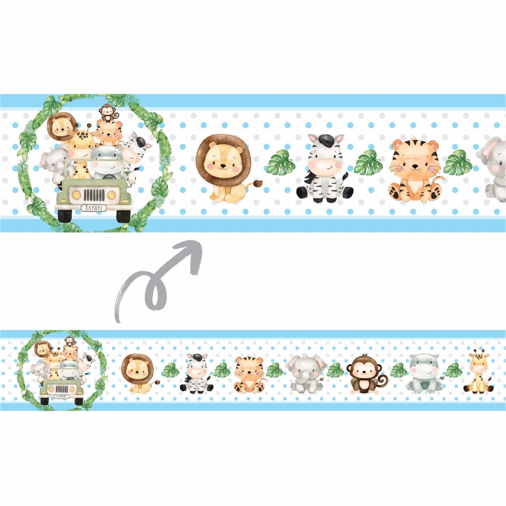 Faixa Adesiva Decorativa Bichinhos Safari Aquarela Azul para quarto bebê decoração Infantil Menino