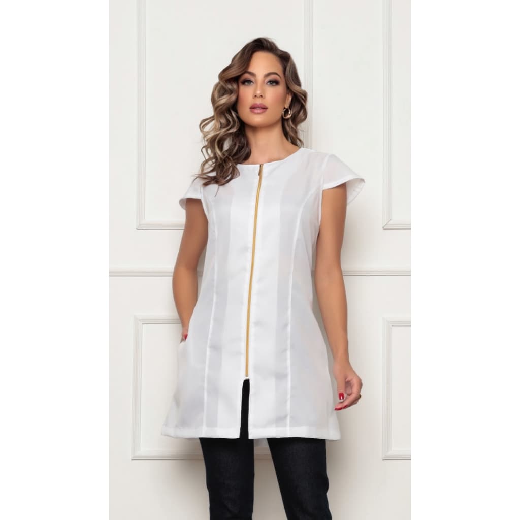 Jaleco Branco Feminino Manga Curta De Zíper Conforto  LALA Gardenia Jalecos