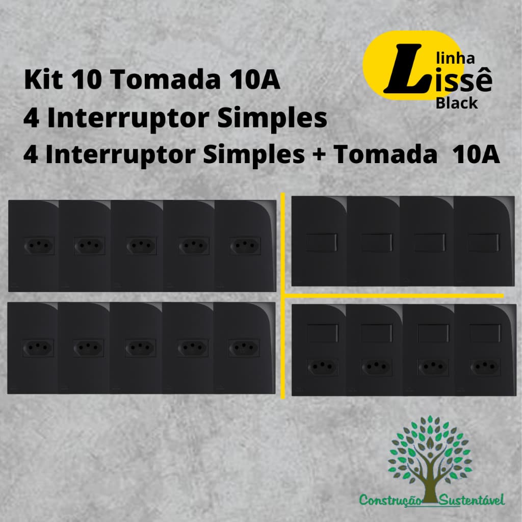 Kit 10 Tomada 10A + 4 Interruptores + 4 Interruptor com Tomada 10A Linha Lissê Black Preto Brilhante
