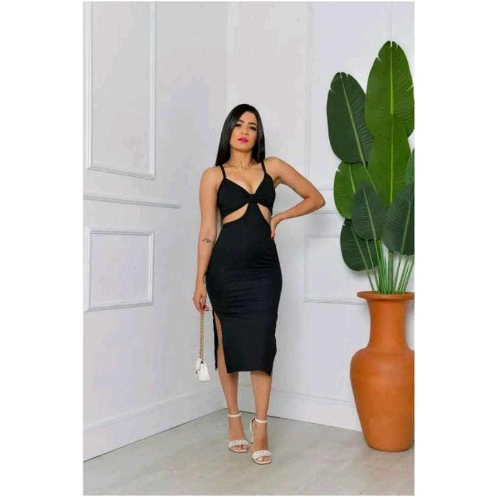 vestido Midi LONGO alcinha canelado com abertura decotado fenda lateral com bojo ribana colado