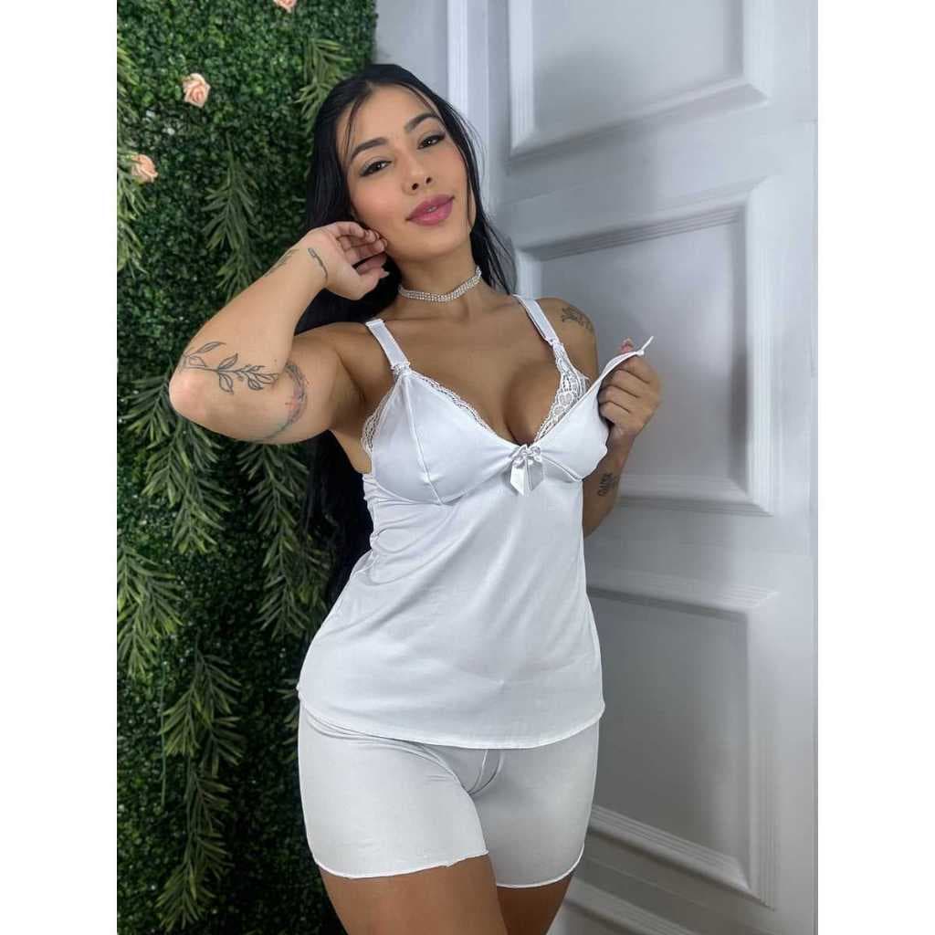 Baby Doll Amamentaçao Gestante Maternidade Pijama Pós Parto Click Renda Short Amamentar Gravida