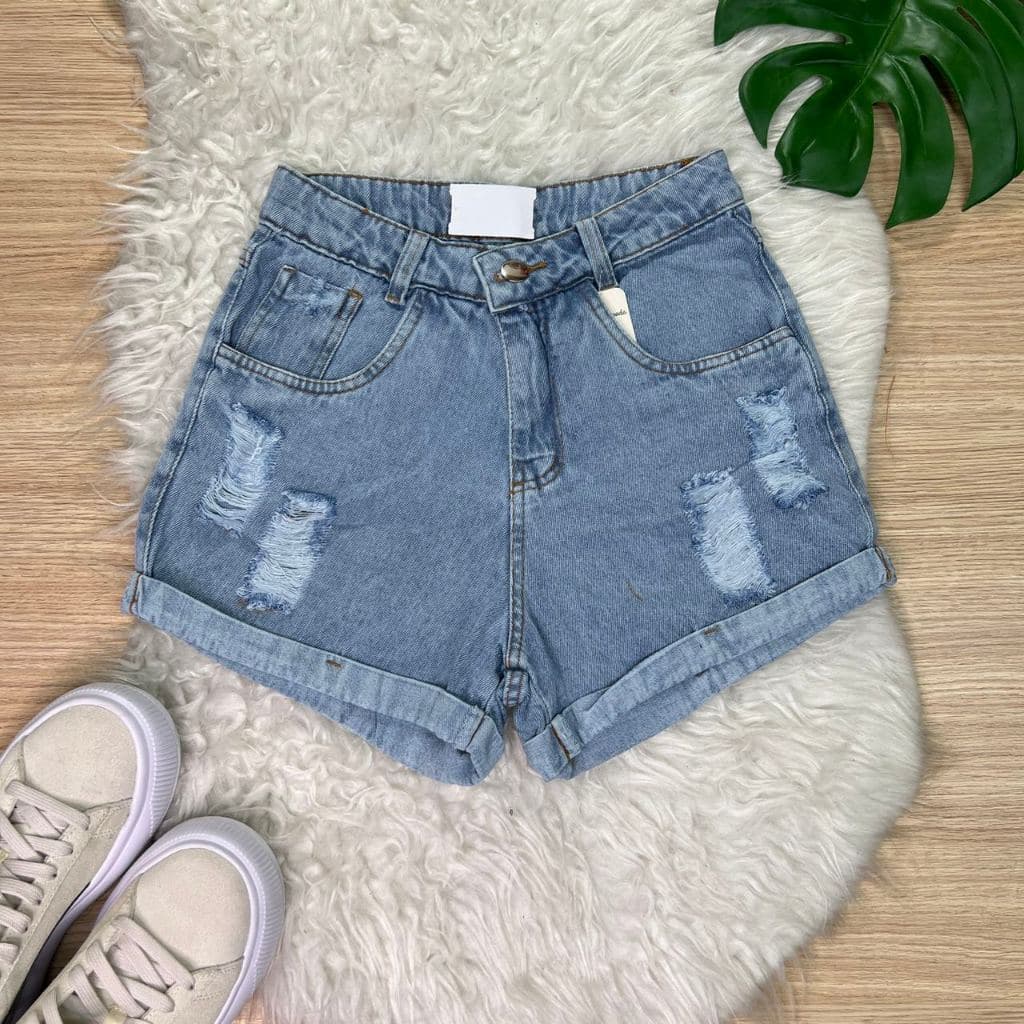 Short mom jeans rasgada cintura alta sem lycra