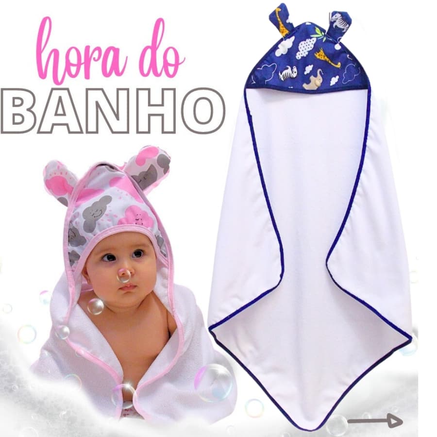 Toalha De Banho Infantil Safari Azul Marinho Com Orelhinha, Várias Cores, Para Melhor Conforto Do Seu Bebe