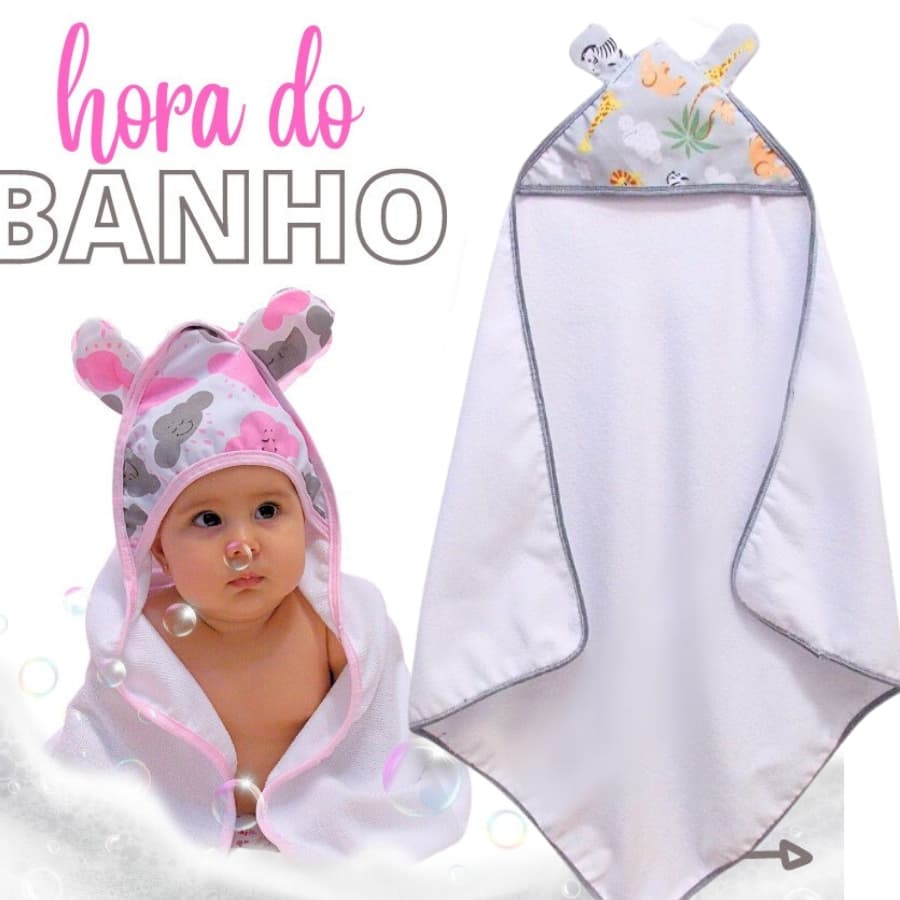 Toalha De Banho Infantil Safari Cinza Marinho Com Orelhinha, Várias Cores, Para Melhor Conforto Do Seu Bebe