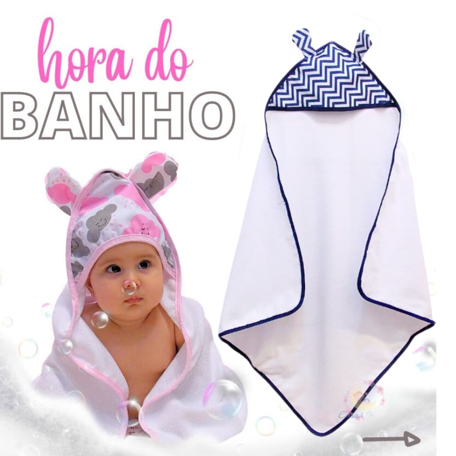 Toalha De Banho Infantil Chevron Azul Marinho Com Orelhinha, Várias Cores, Para Melhor Conforto Do Seu Bebe