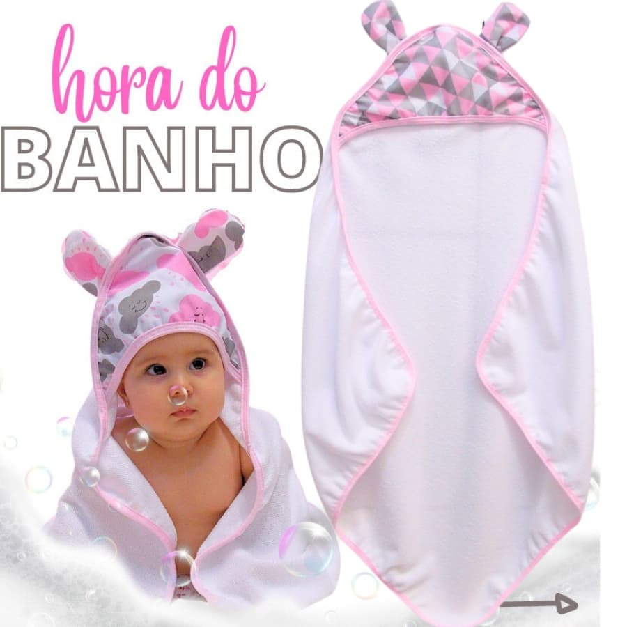 Toalha De Banho Infantil Triangulo Rosa Com Orelhinha, Várias Cores, Para Melhor Conforto Do Seu Bebe