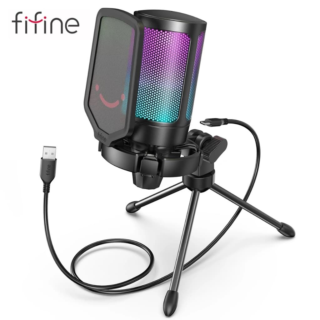 Fifine Ampligame A6V Preto Microfone Condensador RGB Led Usb Com Pop Filter