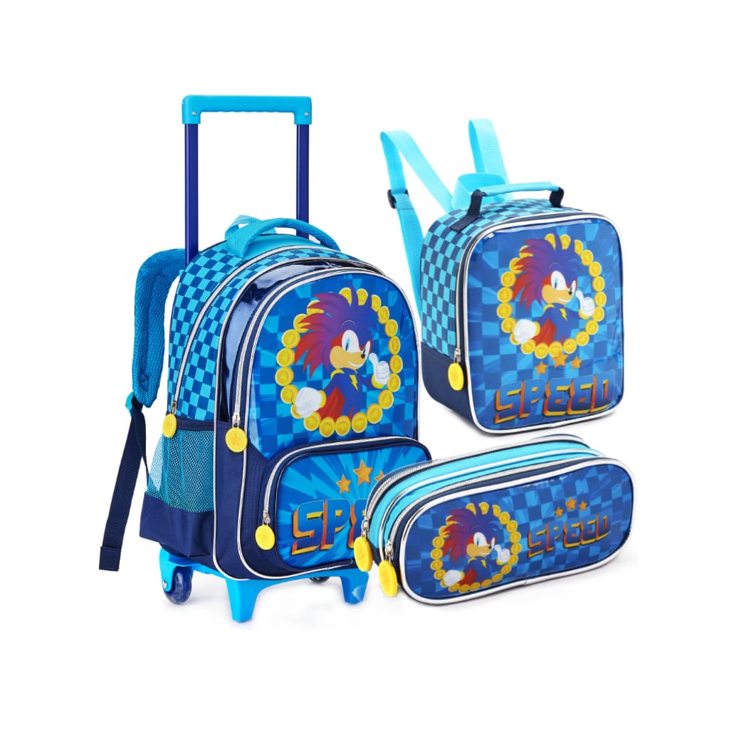 KIT MOCHILA ESCOLAR INFANTIL MENINO SONIC COM RODINHAS / KIT MOCHILA + LANCHEIRA+ ESTOJO/KIT MOCHILA MODELO 2025