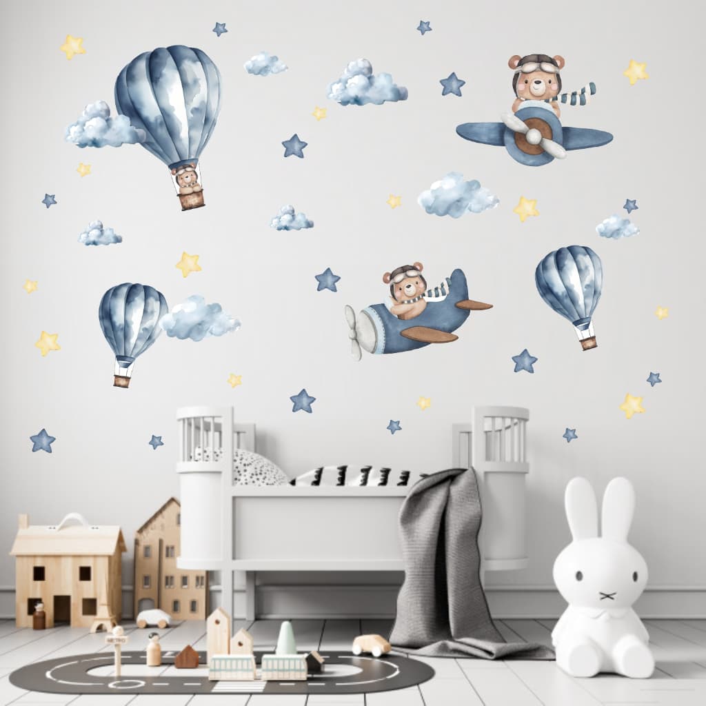 Adesivos de Parede infantil Ursinho Aviador Aquarela com Nuvens quartinho de Bebê papel de parede