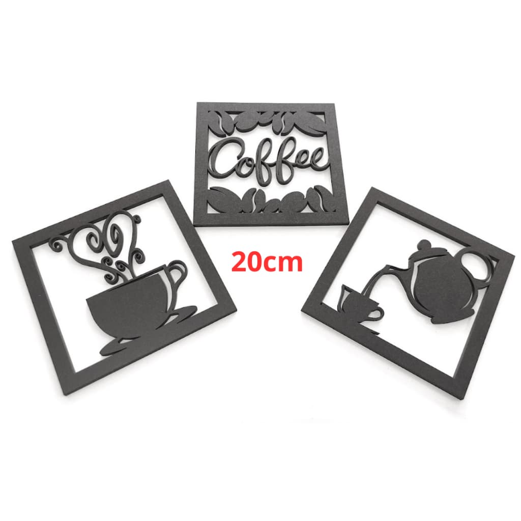 Quadro Trio Café - Coffee - Cozinha - Decorativo - MDF - Preto 20x20cm