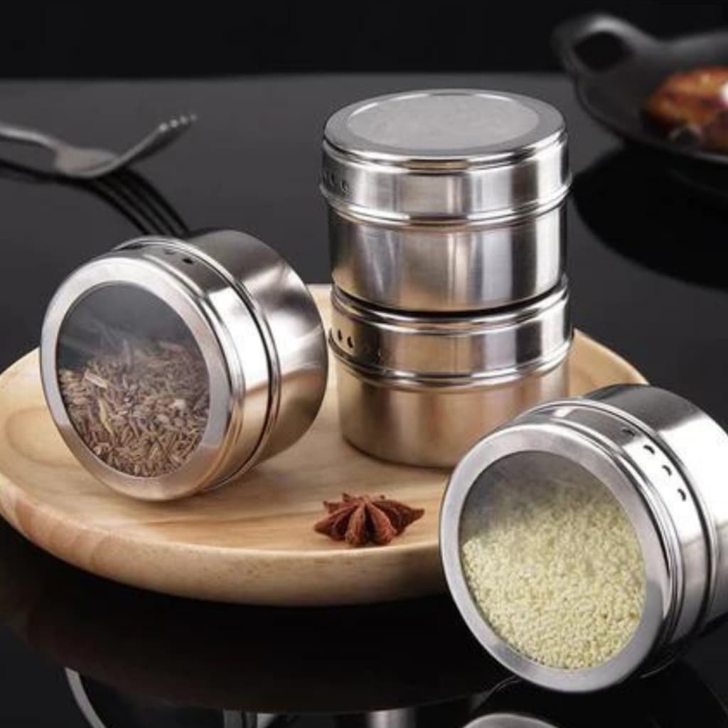 Kit Porta Temperos Imã com 4 unidades de Geladeira Inox Porta Condimento em Inox Tampa Transparente - TOP