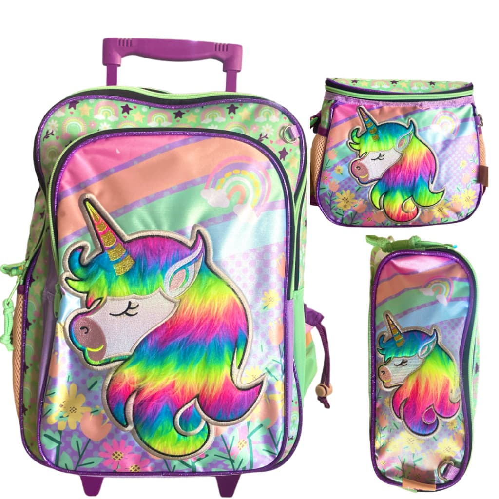 Kit Mochila Escolar infantil com rodinhas + lancheira térmica + estojo do UNICÓRNIO 2024 - CHENSON