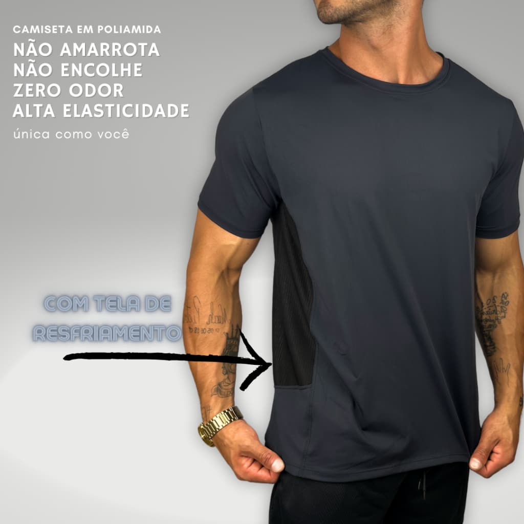 Camiseta Masculina Malha Fria Não Amarrota Poliamida Academia Recorte Lateral