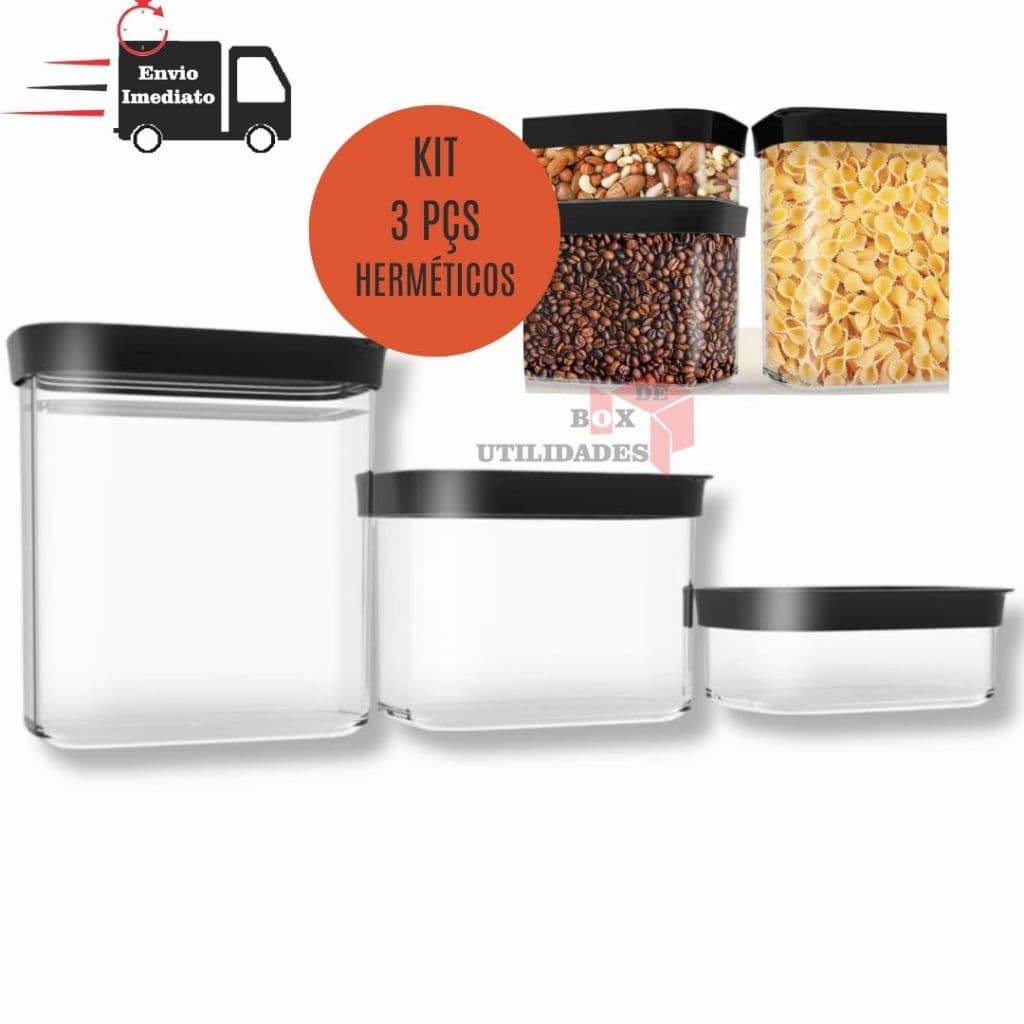 Kit 3 Potes Herméticos Porta Mantimentos para Grãos Cereais Frutas Massas Torradas Resistente