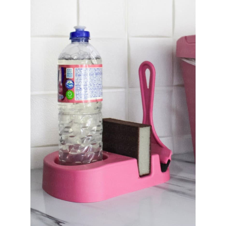 Porta Detergente Esponja + Rodinho Rosa Elegance