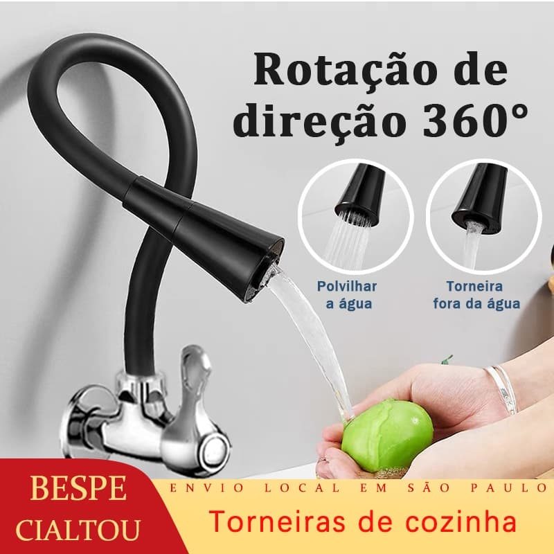Torneira Gourmet Flexível Cozinha Preto/Prata Parede Duplo Jato Cone 1/4 de Volta
