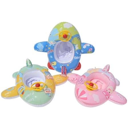 Boia de piscina para bebês com assento de segurança, volante de desenho animado em forma de avião, anel inflável para crianças, piscina, natação, treinamento
