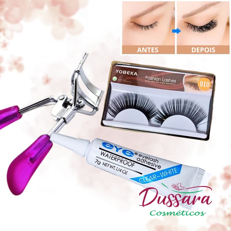 Kit Cílios Postiços Volumosos + Curvador de Cíliios Curvex + Cola a Prova D'Água