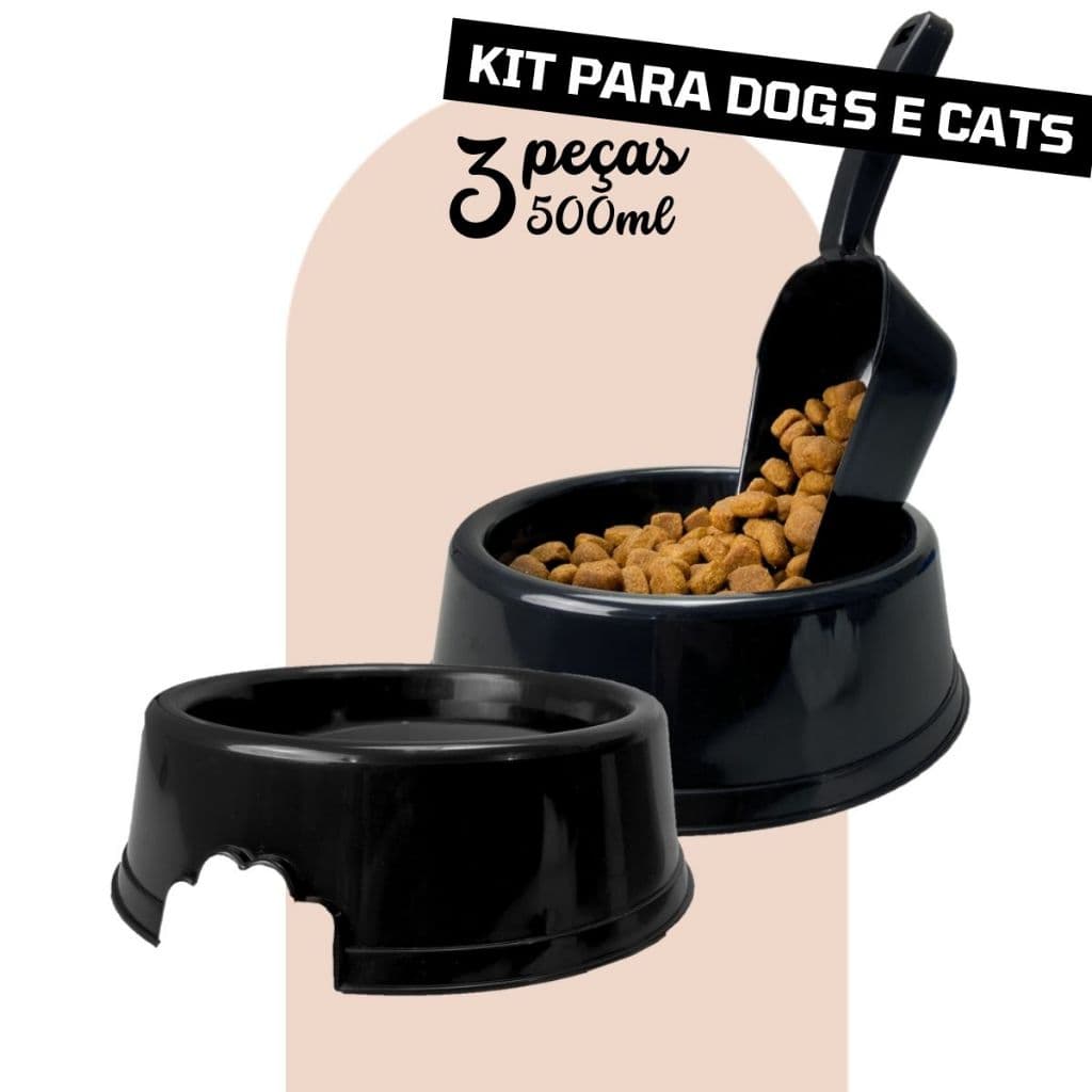 Kit Comedouro Bebedouro Cães e Gatos Tigela Grande 500ml Ração Água e Concha Dosadora