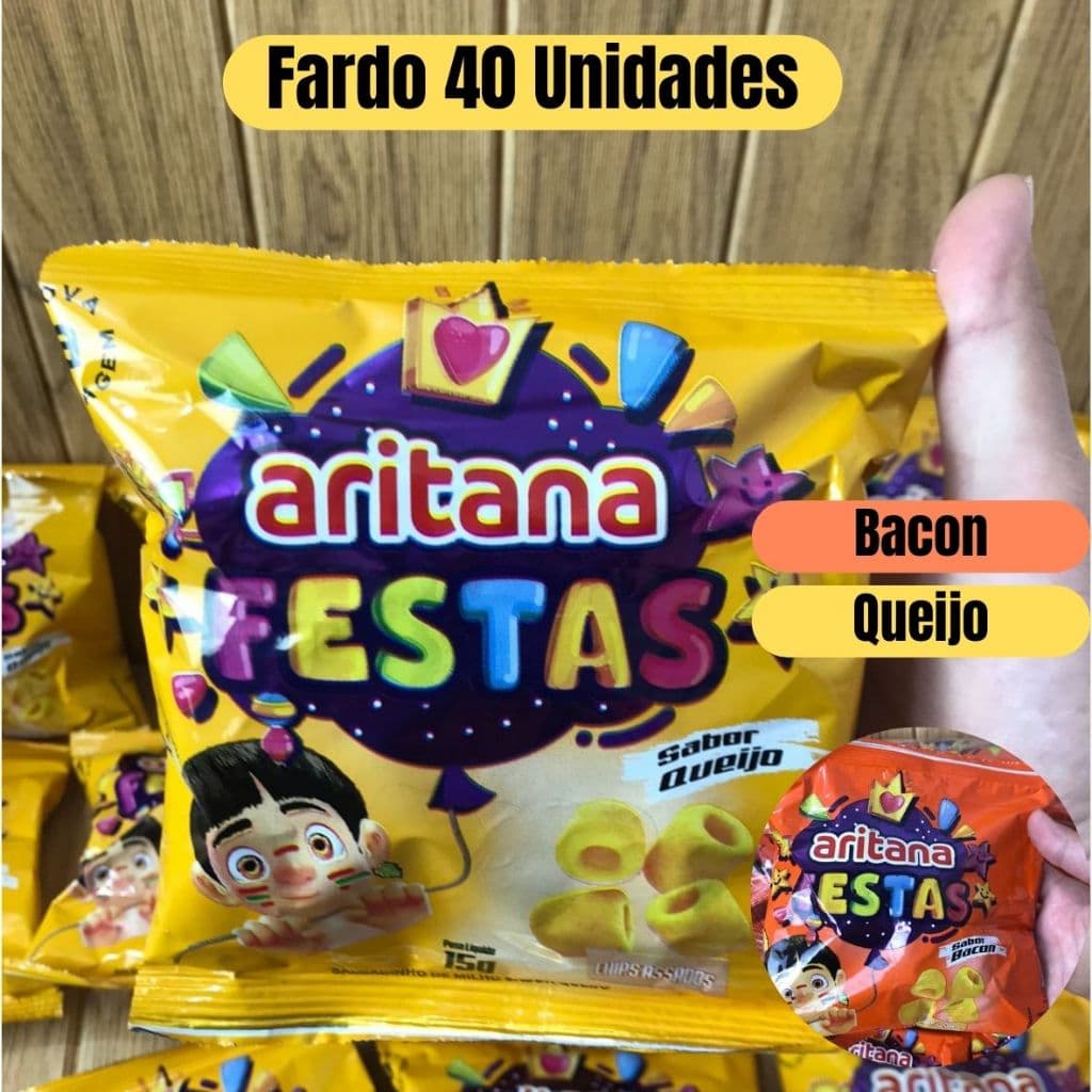 Salgadinho Chips Aritana Festa 15 gramas Fardo c/ 40 unidades - Sabores Bacon e Queijo