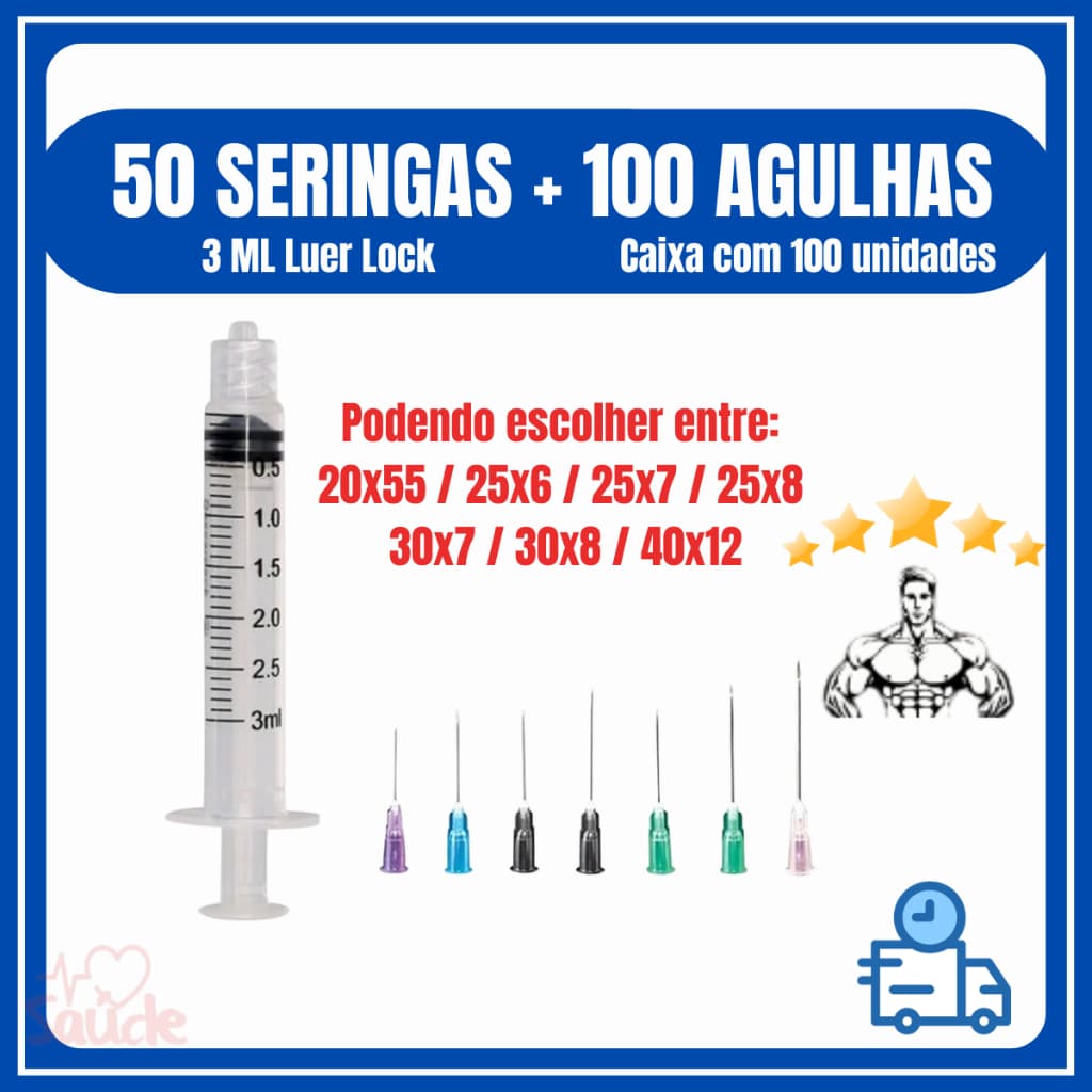 50 Seringa de 3Ml com 100 Agulhas  - Seringa de 3 ML Luer Lock (Rosca) + Agulhas Intramuscular