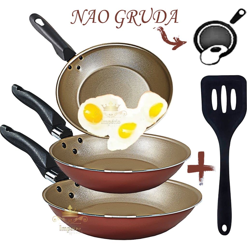 Kit de Frigideiras 3 Peças Tamanho 20, 18 E 16 Cm Com Espátula 3 Frigideira Antiaderente Francesa Com 5 Camadas De Teflon Cor Cereja Dourada Cobre Alumínio Reforçada Funda Para Ovo