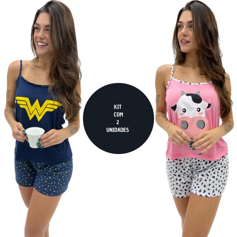 KIT 2 Baby Doll Alcinha Pijama Feminino Virgínia Curto Verão Fresquinho Estampado Personagens