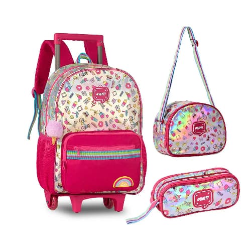 Kit escolar Mochila Rodas lancheira térmica e estojo Holográfica Emoji Clio rodinhas feminina escolar