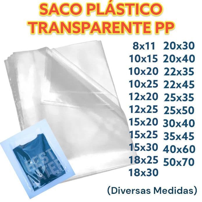 100 UNIDADES SACOS PLÁSTICOS PP POLIPROPILENO CRISTAL ESPESSURA 0,06 TRANSPARENTE SACOLA ROUPAS E PRESENTES