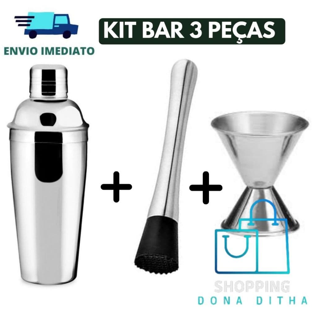 Kit Coqueteleira De Aço Inox Com Socador E Dosador Duplo 25 e 50 Ml Para Coquiteis Bebidas Drinks Caipirinha Bar Restaurantes