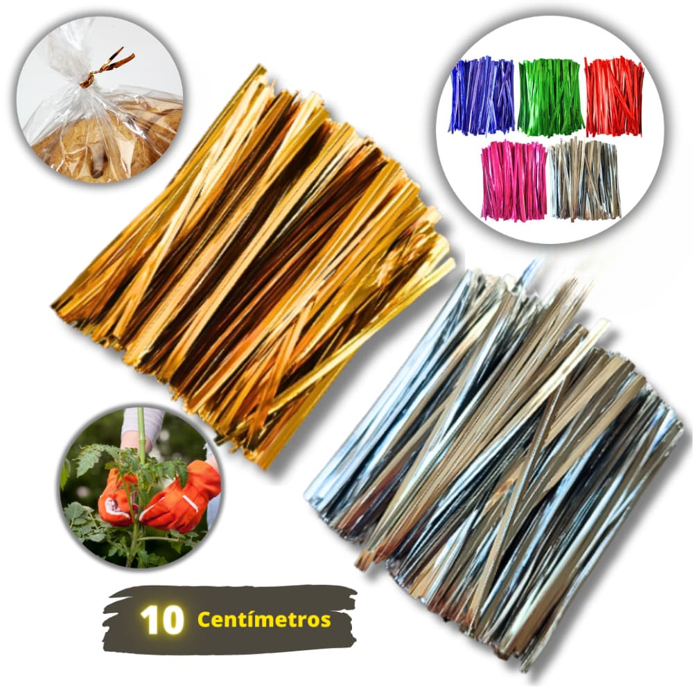 Kit 520, 1040, 2600 ou 5200 Unidades Amarrilho Arame Lacre Embalagem Fecho Metalizado Dourado Prata