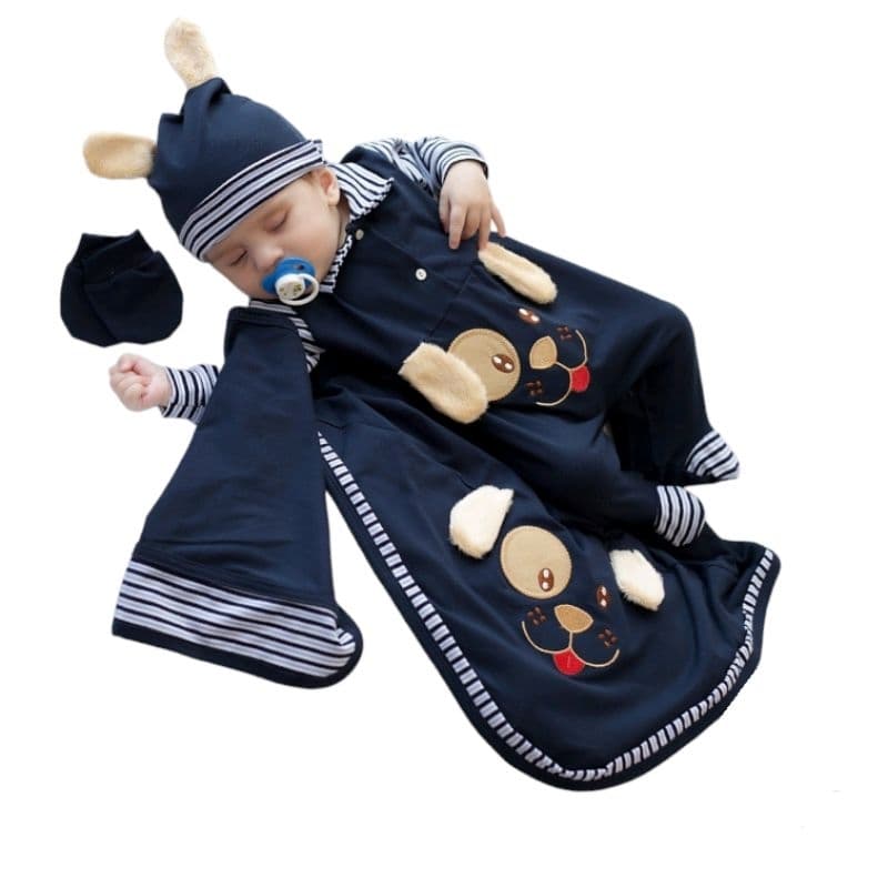 Saída Maternidade Cachorrinho Azul Marinho Menino com Manta, Macacão, Fralda de Boca com Prendedor, Touca e Luvas 5 PÇS