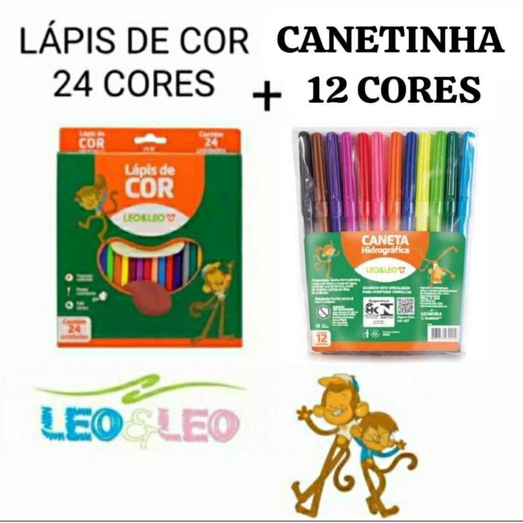 Kit Lápis de Cor Escolar 24 Cores + Canetinha Hidrográfica 12 Cores Papelaria l Material Escolar l Voltas Aulas