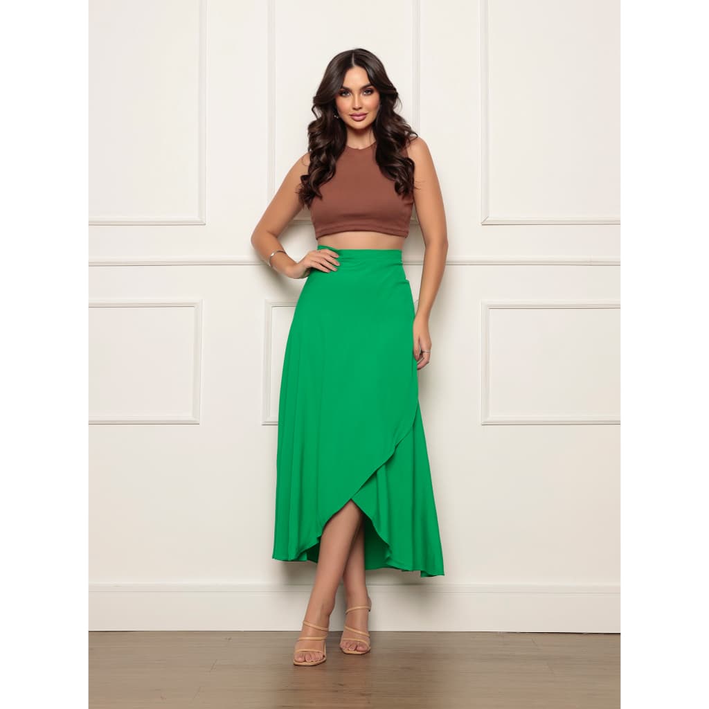 Saia Envelope Verde Transpassada Longa feminina De amarrar