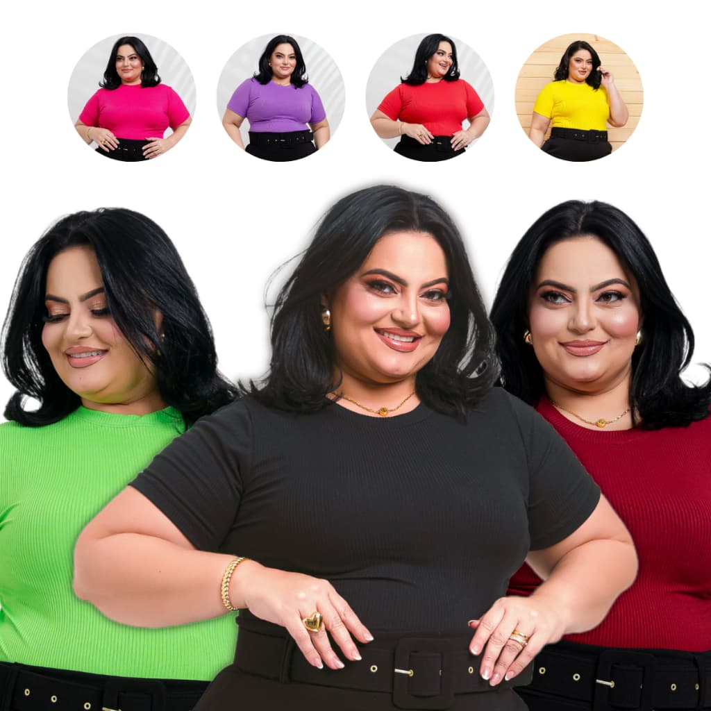 Kit 3 Blusa Plus Size Feminina Suede Canelado T-shirt Basica