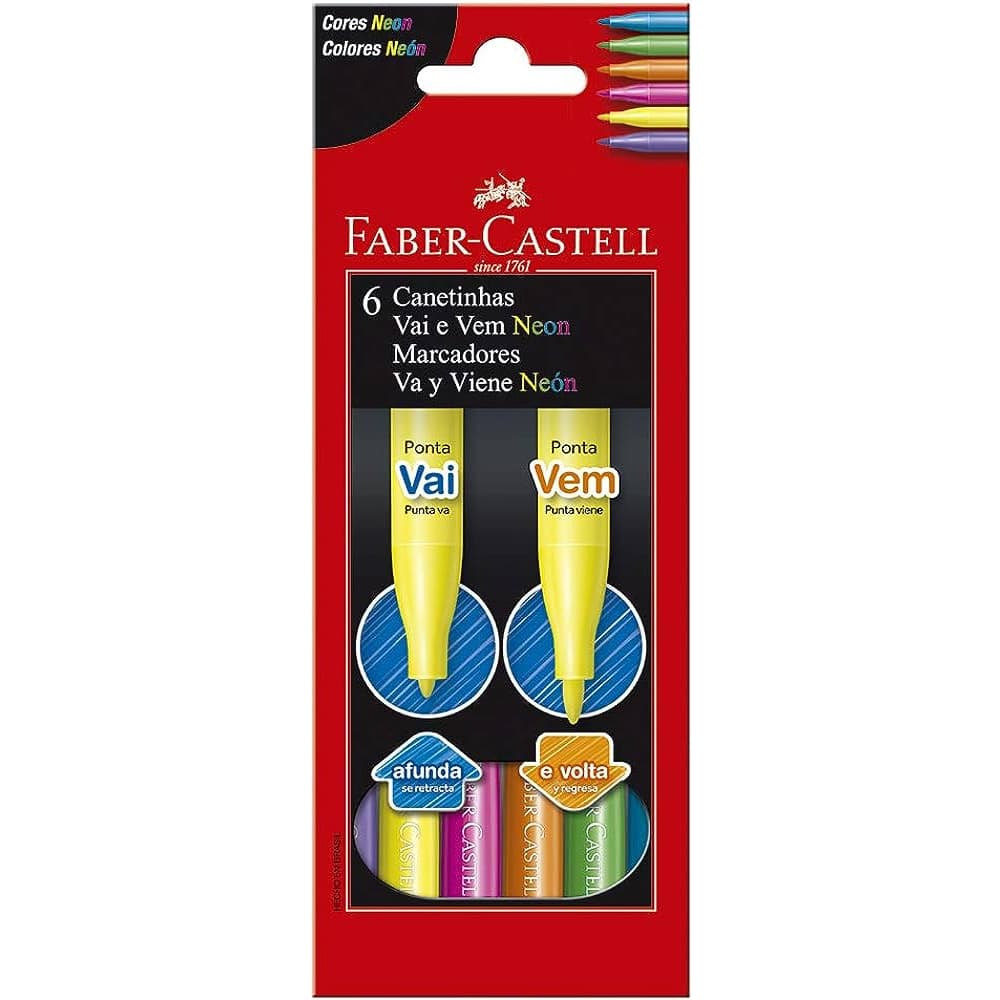Canetinha Vai e Vem Neon 6 Cores - Faber Castell