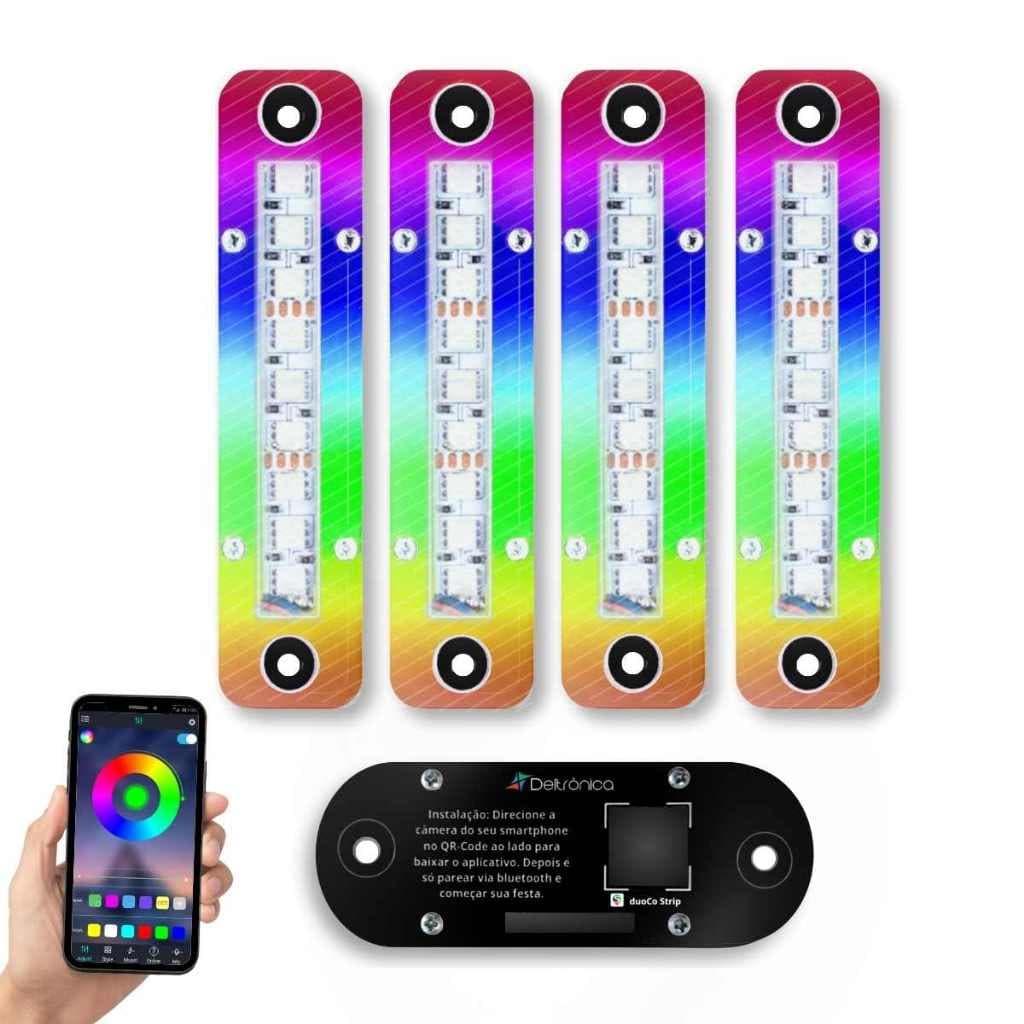 Kit Super Strobo LED Deltrônica Bluetooth RGB 4 Faróis 12V P/ Som Automotivo Carro Festa Tuning Flash
