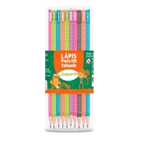 Kit 10 Lápis Tabuada com Borracha HB Escolar N°2 Léo & Léo + 2 Apontadores Léo & Léo