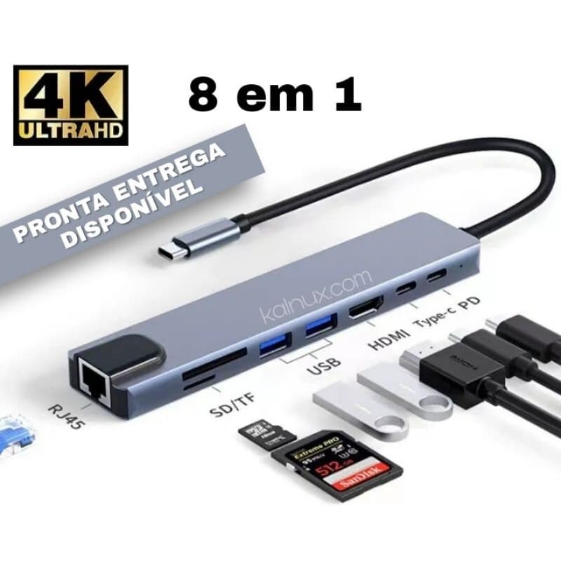 Adaptador Leitor de Cartão Tipo C Hub USB com HDMI 8 em 1 para PC, Macbook